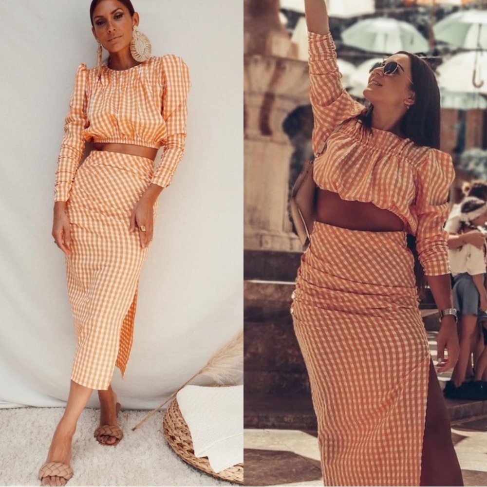 ZARA 2 Pc SET BLOGGER FAVE Orange Textured Gingham Plaid Ruched Skirt & Crop Top